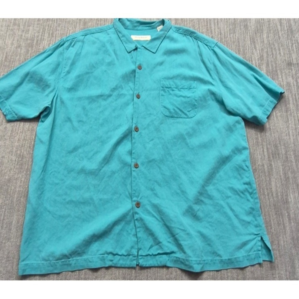 Tommy Bahama men's teal blue 100% silk button up shirt XXL short sleeves pocket
